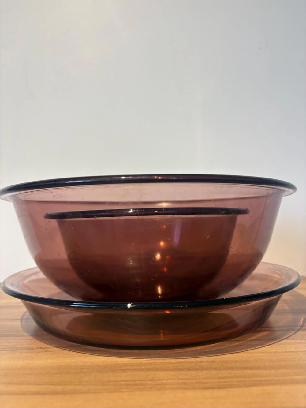 Pyrex Brown Amethyst Glass Mixing Bowl and Shallow Dish Set